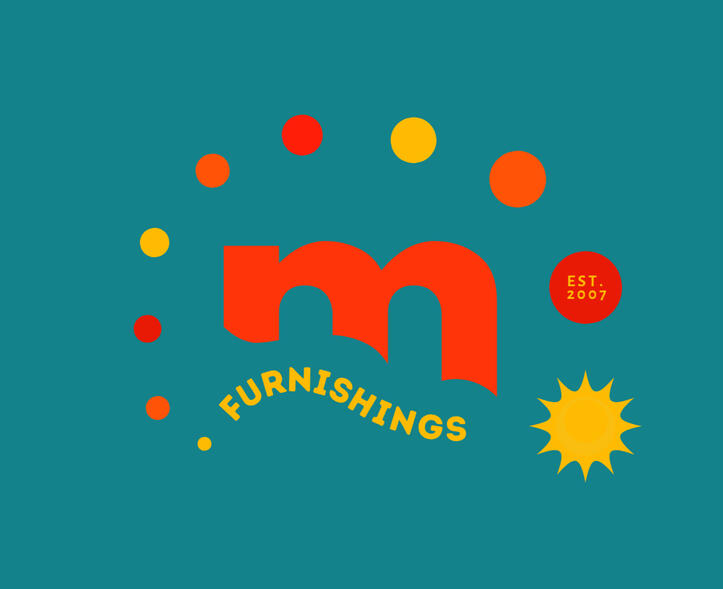 brand logo for matahari furnishings with orange letter m, yellow furnishings and planetary style design surrounding the letter